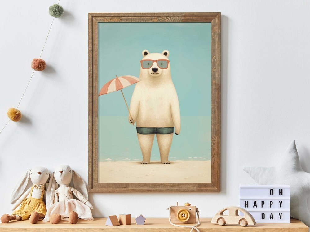 Bear Wall Art Polar Bear Kids Room Decor Beach Nursery Print Funny Vintage Art