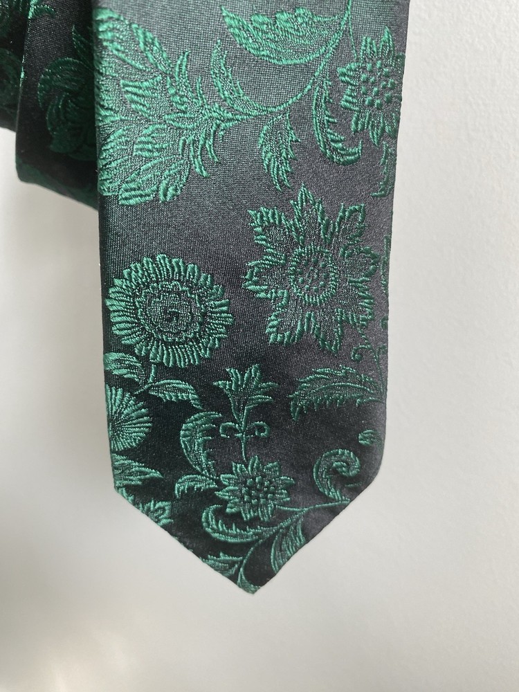 Vintage 1960s Men’s Silk Necktie Beau Brummell Green Black Jacquard Botanical