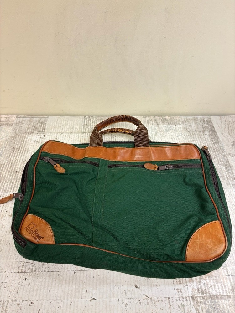 LL Bean Green Brown Canvas Weekender Bag Luggage Carry On Leather Vintage