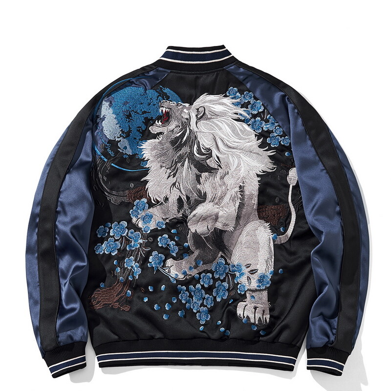 Mens Sukajan Souvenir Jacket Japanese Pattern Embroidery Beast Lion Unisex