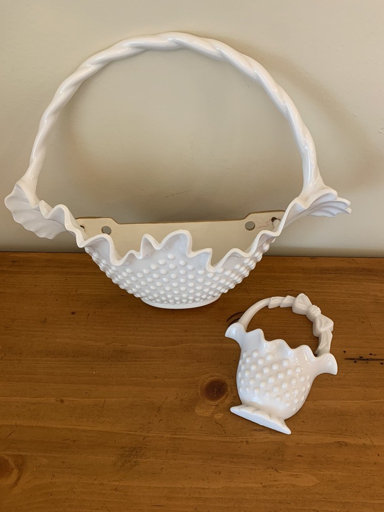 2 Vintage Basket Wall Pocket Planter Hobnail Hanging White Plastic Homco Burwood