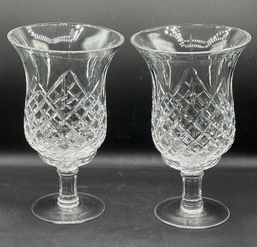 Vintage Cut Crystal Hurricane Glass Candle Holder Pair  