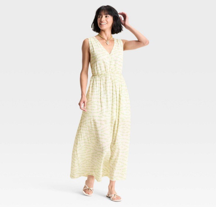 NWT A New Day Cross Back Sleeveless Maxi Dress Cream Sardine Print - Size Small