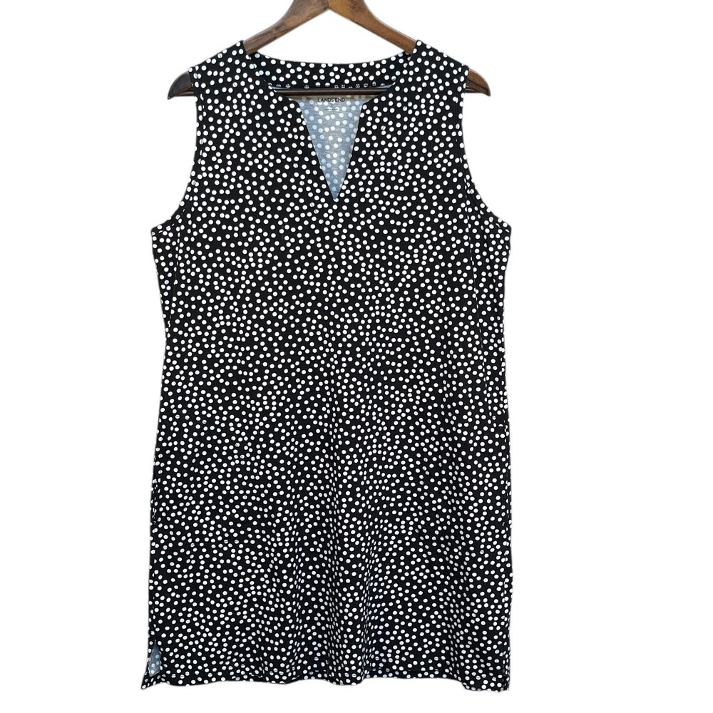 Lands' End Women's Black & White Polka Dot Sleeveless V-Neck Dress L