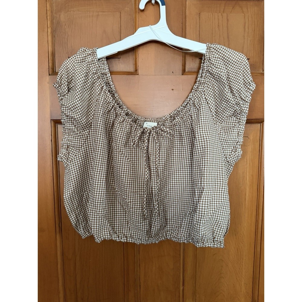 Women's A New Day Brown & White Gingham Blouse Puff Sleeves Size Large NWT