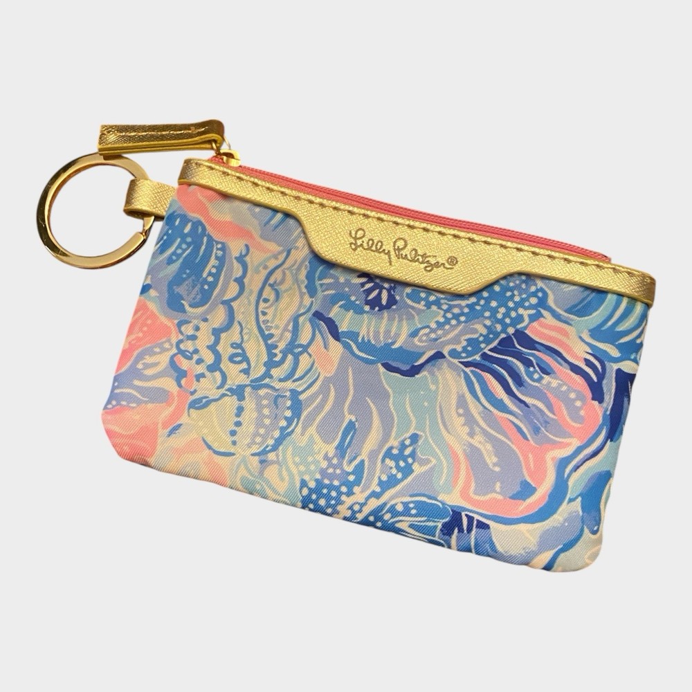 Lilly Pulitzer Wallet Pink Blue Zip ID Case Gold Tone Keychain Card Holder