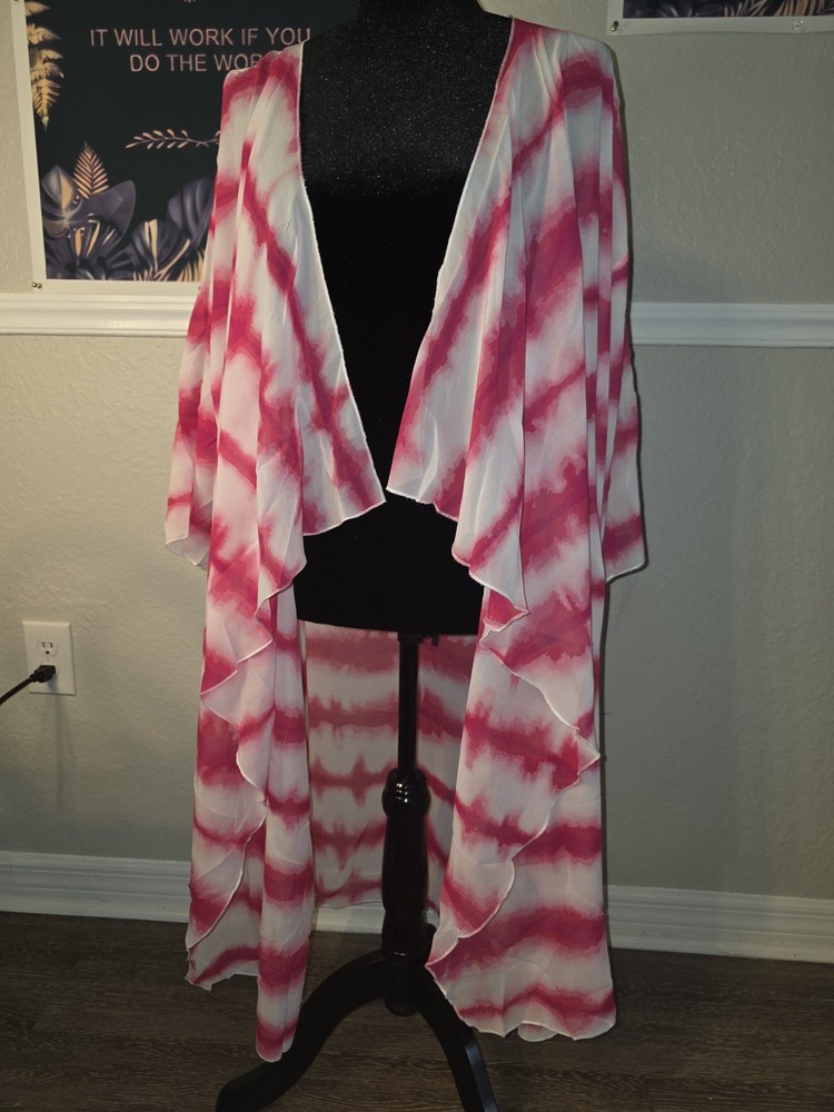 LuLaRoe Women's Pink/White Striped Open Front Kimono Blouse Size L NWT