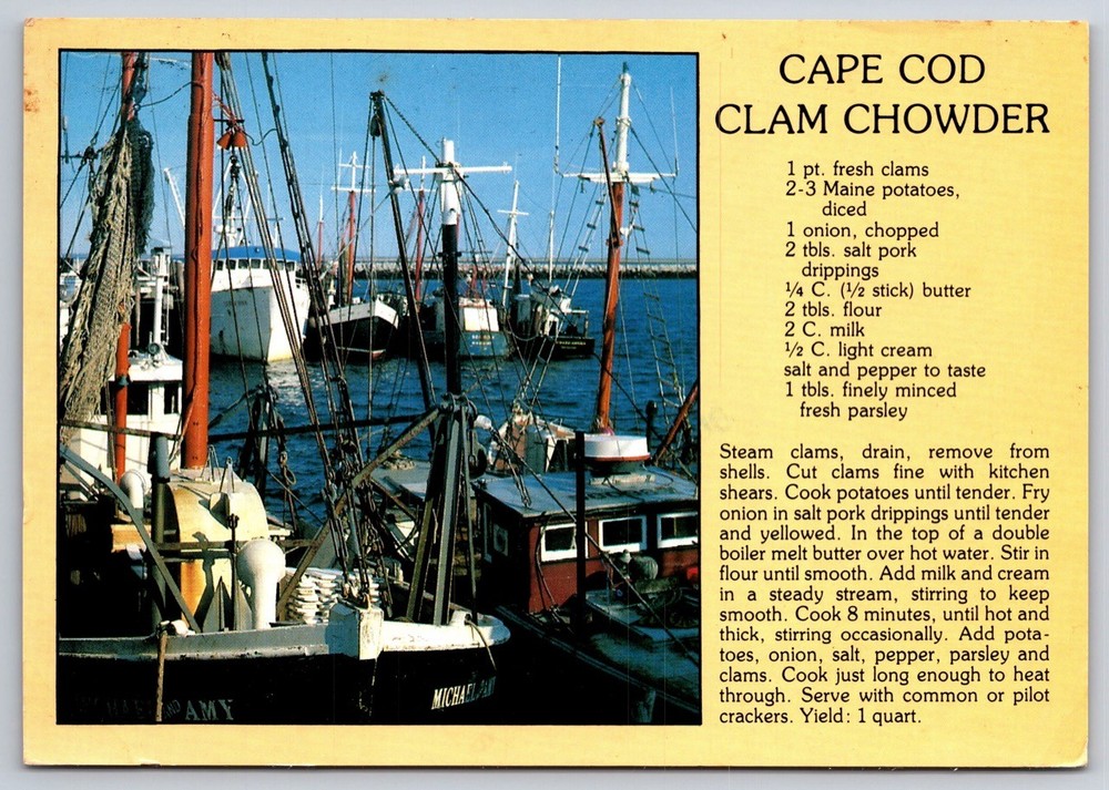 Cape Cod Clam Chowder Recipe Postcard Fishing Boats Provincetown Harbor MA USA