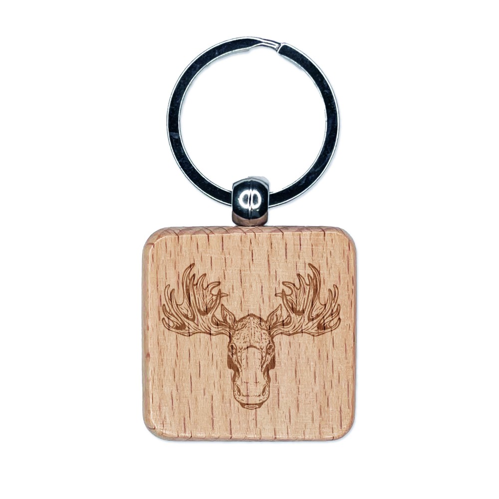 Moose Head Engraved Wood Square Keychain Tag Charm