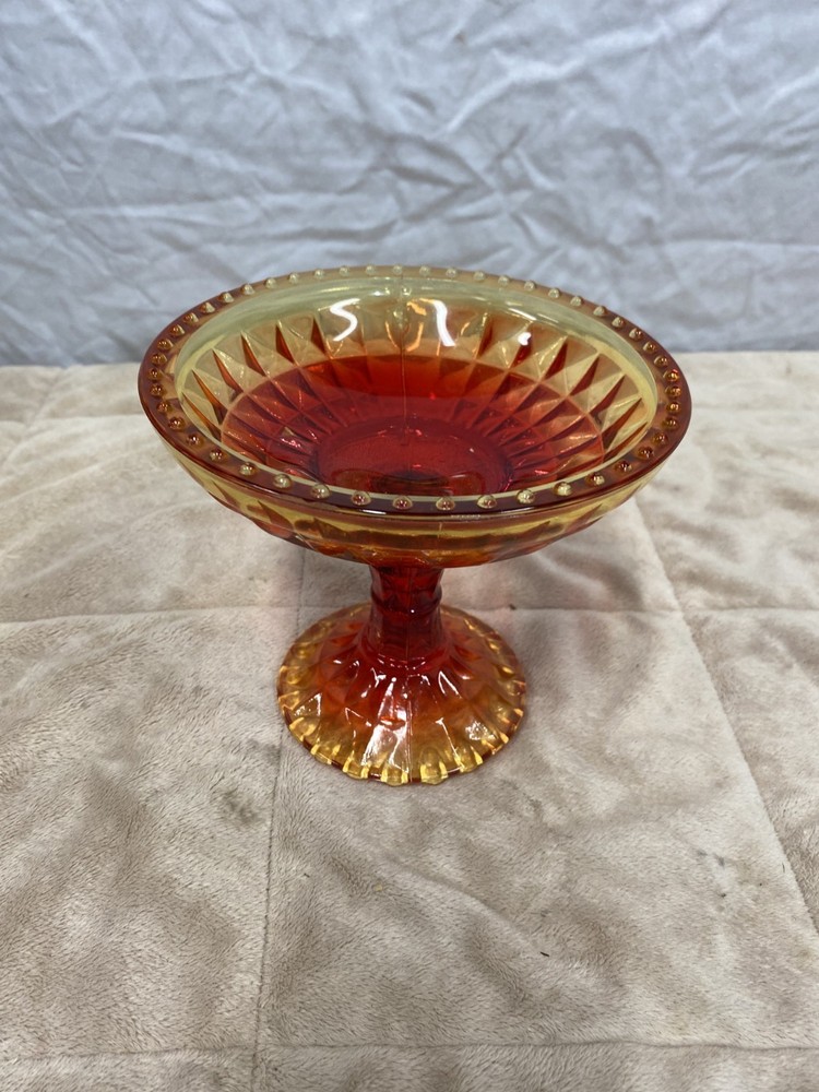 Vintage Jeanette Amberina Footed Glass Pedestal Red & Yellow Compote Dish Bowl