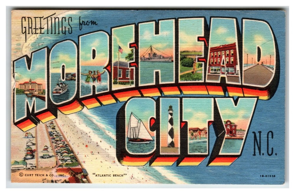 Greetings From Morehead City NC Large Letter Linen Postcard 1949 Lighthouse RARE