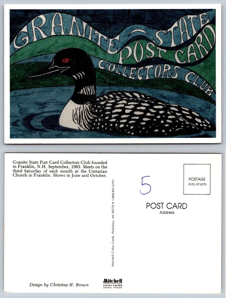 Granite State Post Card Collectors Club Common Loon Art Postcard Franklin NH