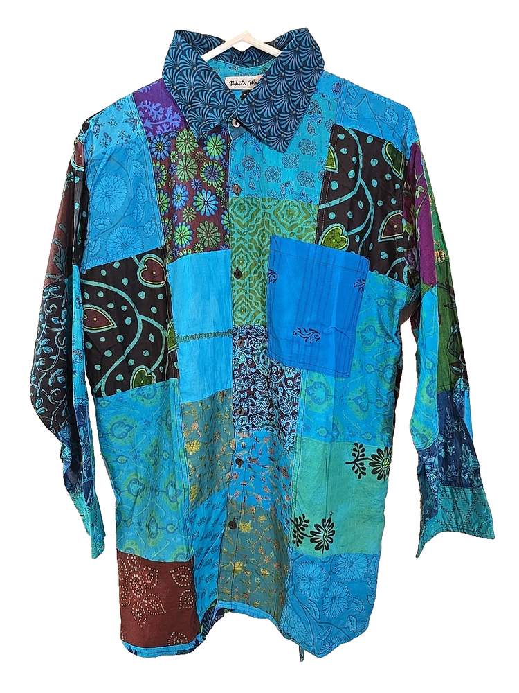 Turquoise Patchwork Unisex Boho Vintage Style Shirt button up front size L New