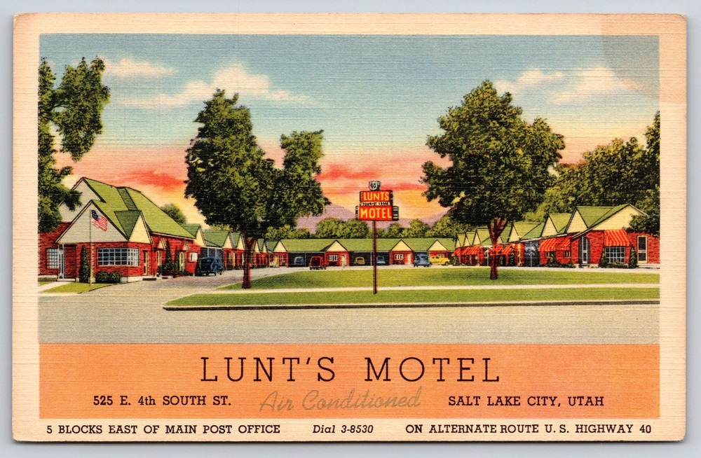 Roadside~Salt Lake City Utah~Lunts Motel~Sign~USA Flag~Sunset~Linen Postcard