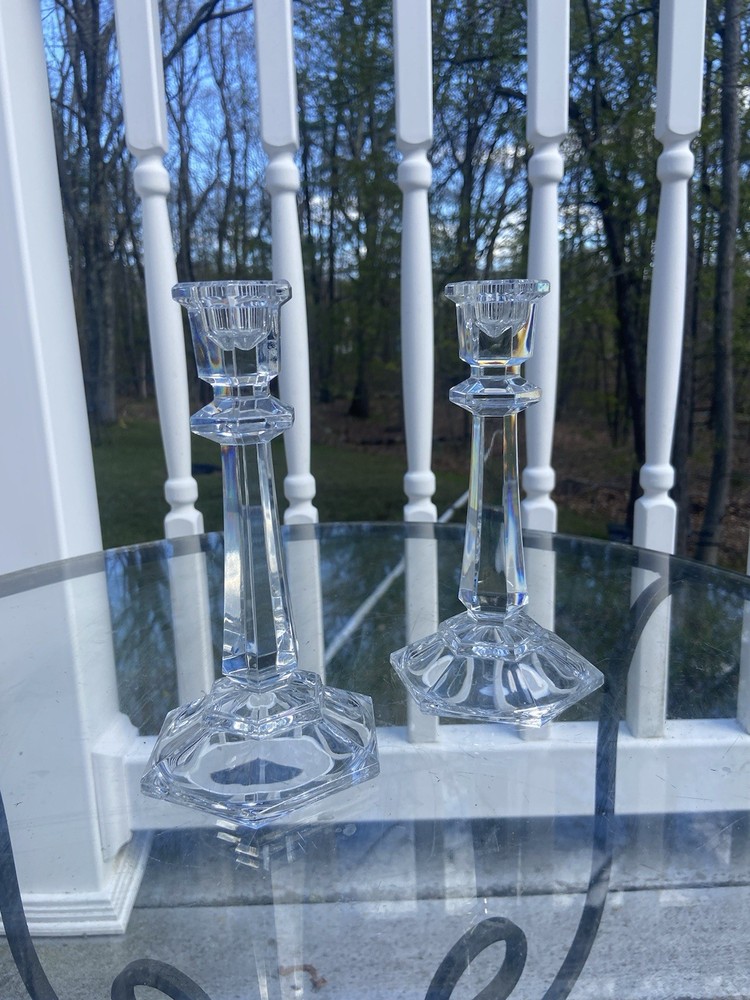 Vintage Set of 2 Crystal Glass Candle Stick Holders 7” Tall