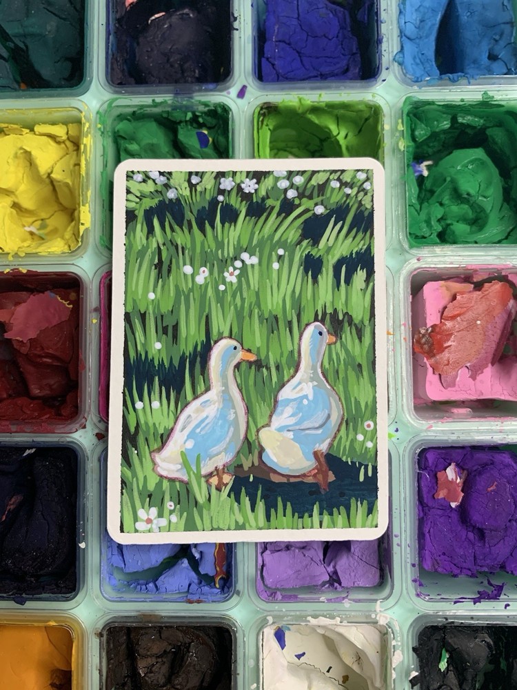 Original ACEO Ducks Walking In Grass Spring OOAK Miniature Painting By KAZ