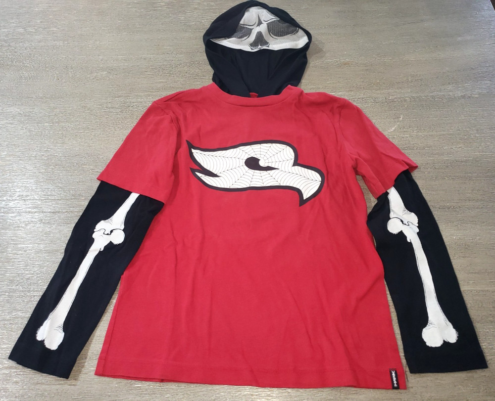 TONY HAWK boys red SPIDER WEB HOOD LONG SLEEVE SHIRT TOP HALLOWEEN SMALL SKULL