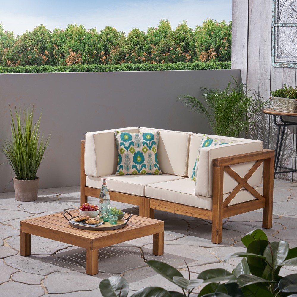 Brava Outdoor Modular Acacia Wood Sofa Set with Cushions & Coffee Table