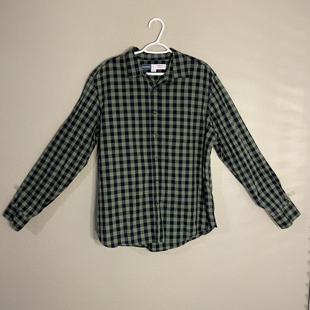 OLD NAVY EVERYDAY SHIRT XL BUILT-IN FLEX Men's Dark Green Blue Plaid Button Down