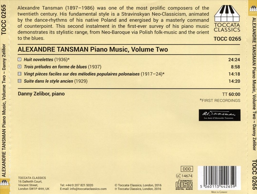 Danny Zelibor Alexandre Tansman: Piano Music, Vol. 2 New Cd