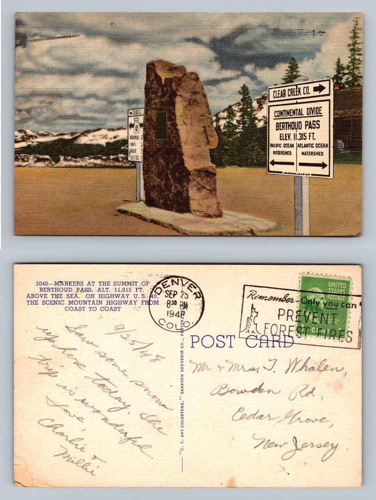 Berthoud Pass, CO-Colorado, Summit Marker Continental Divide View c1948 Postcard