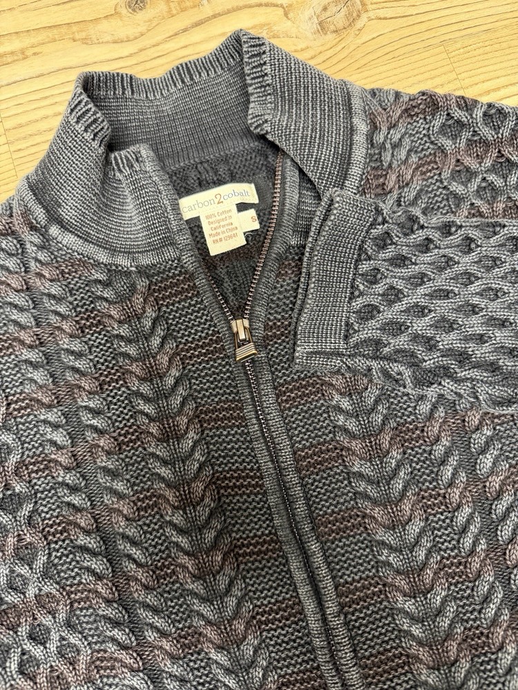 Carbon 2 Cobalt Cable Knit Fisherman Cardigan Sweater Full Zip Gray Mens Small