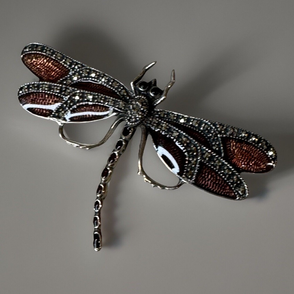 Vintage Swarovski Crystal Dragonfly Brooch Pin Sterling Silver Marcasite 2+”