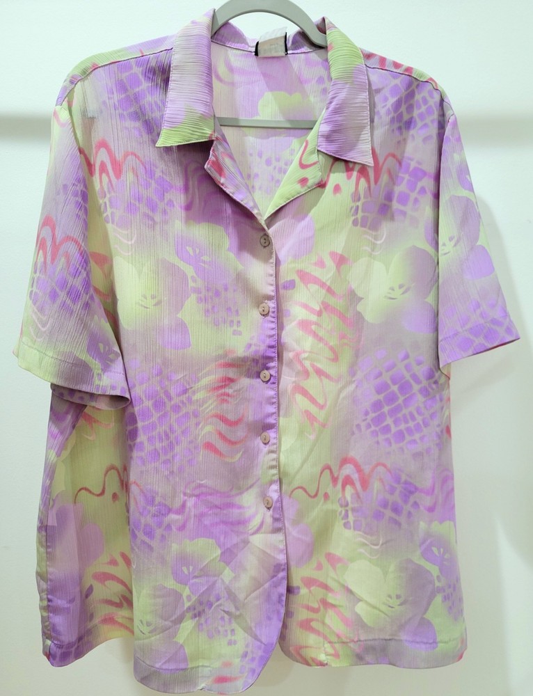 ABSTRACT PRINT Southern Lady Short Sleeve Green/Purple Collared Button Down XL