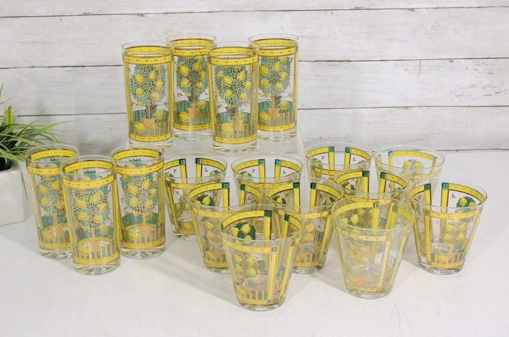 Georges Briard Lemon Tree Glassware Set 22K Gold Mid Century Barware