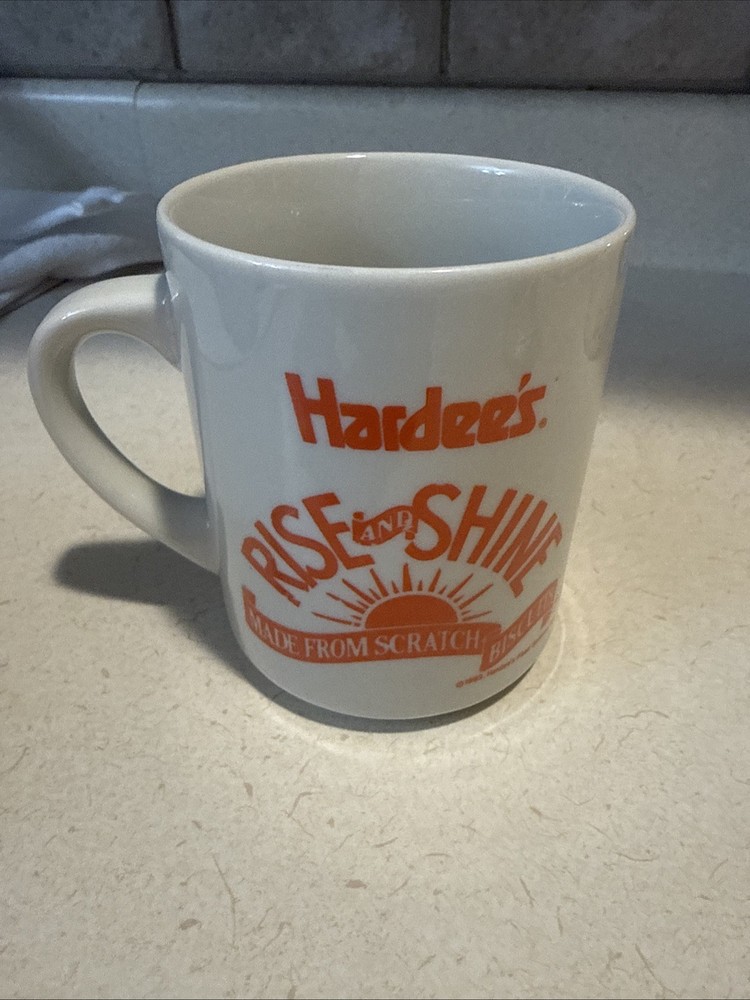 Hardees Rise and Shine Mug Ceramic Coffee Tea Cup Mug White Diner Souvenir 90s