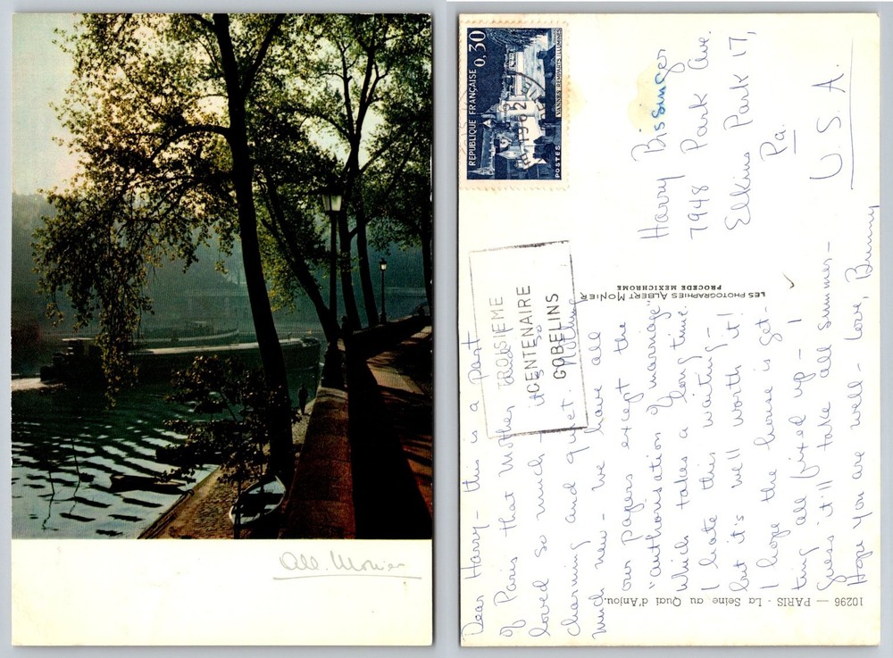 Vintage 1962 Paris Quai d'Anjou Seine River Albert Monier Postcard France