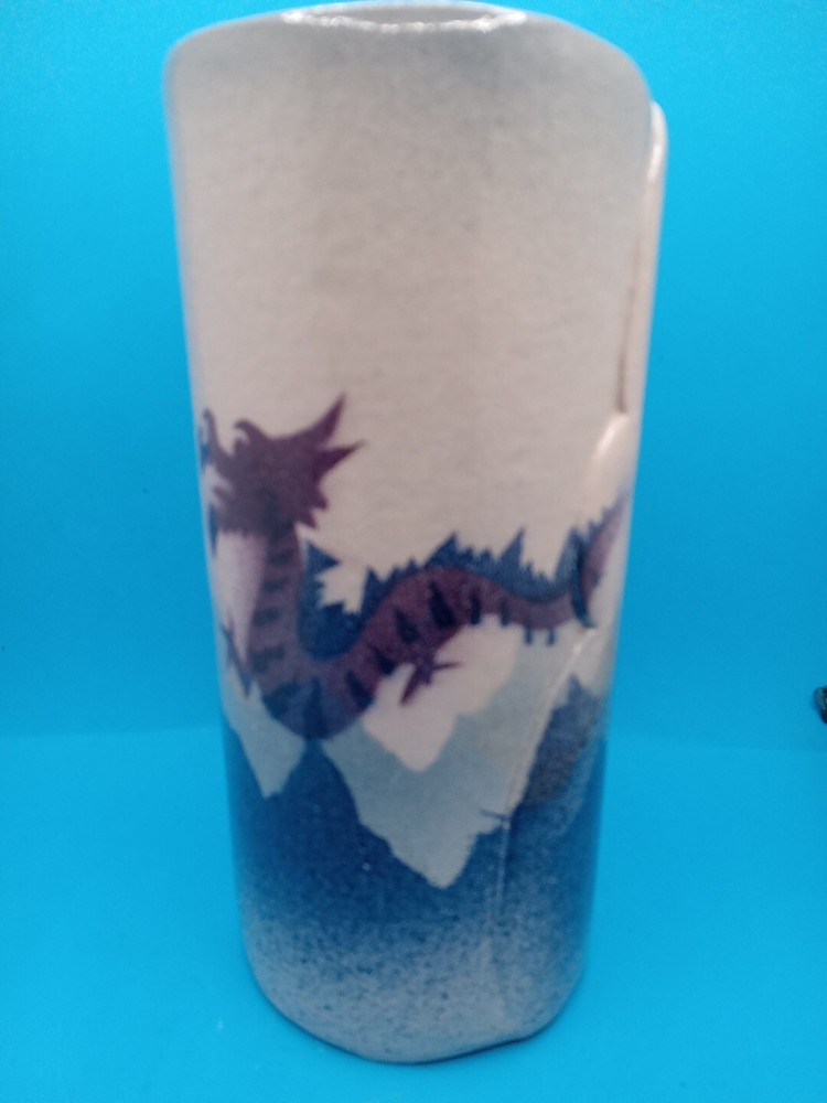 Studio Pottery DRAGON Hand Made Red Clay Pottery vase 7” Tall Stamped W/flamingo