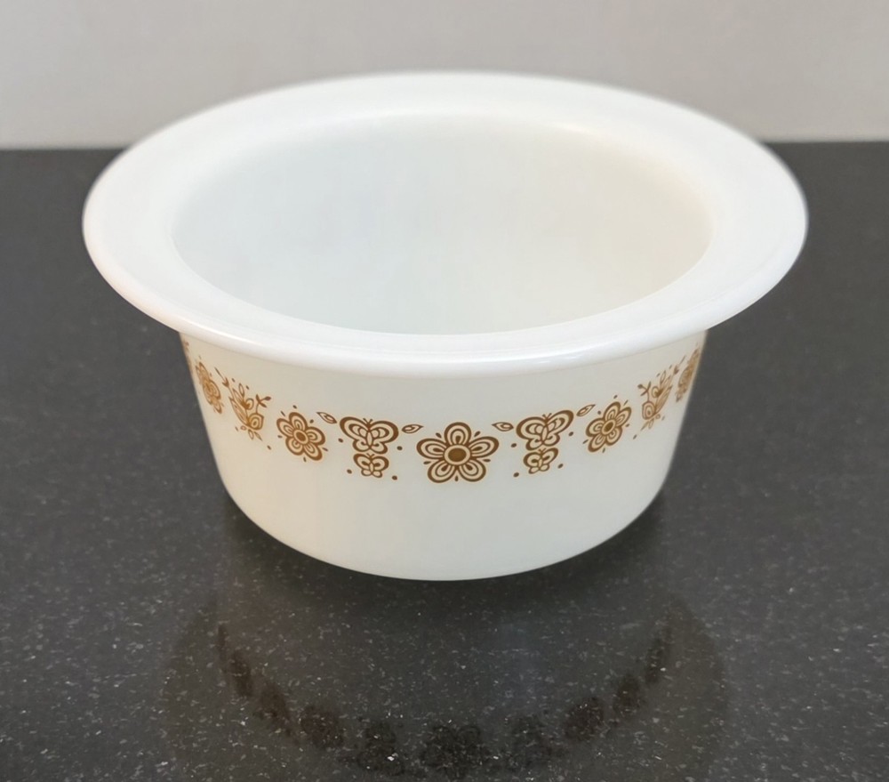 Vintage PYREX Corning NY USA #75 Butter Bowl Butterfly Gold (no lid) - EUC