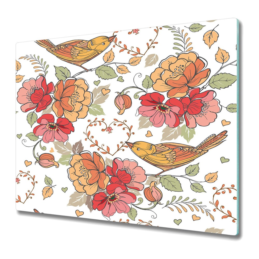 Serving Chopping Board Glass Cover Worktop Saver Ornament birds red 60x52