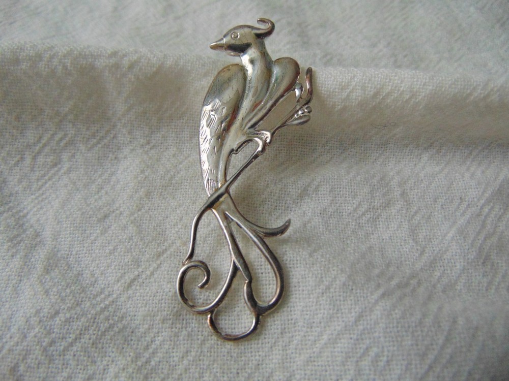 vintage sterling silver long tailed bird brooch