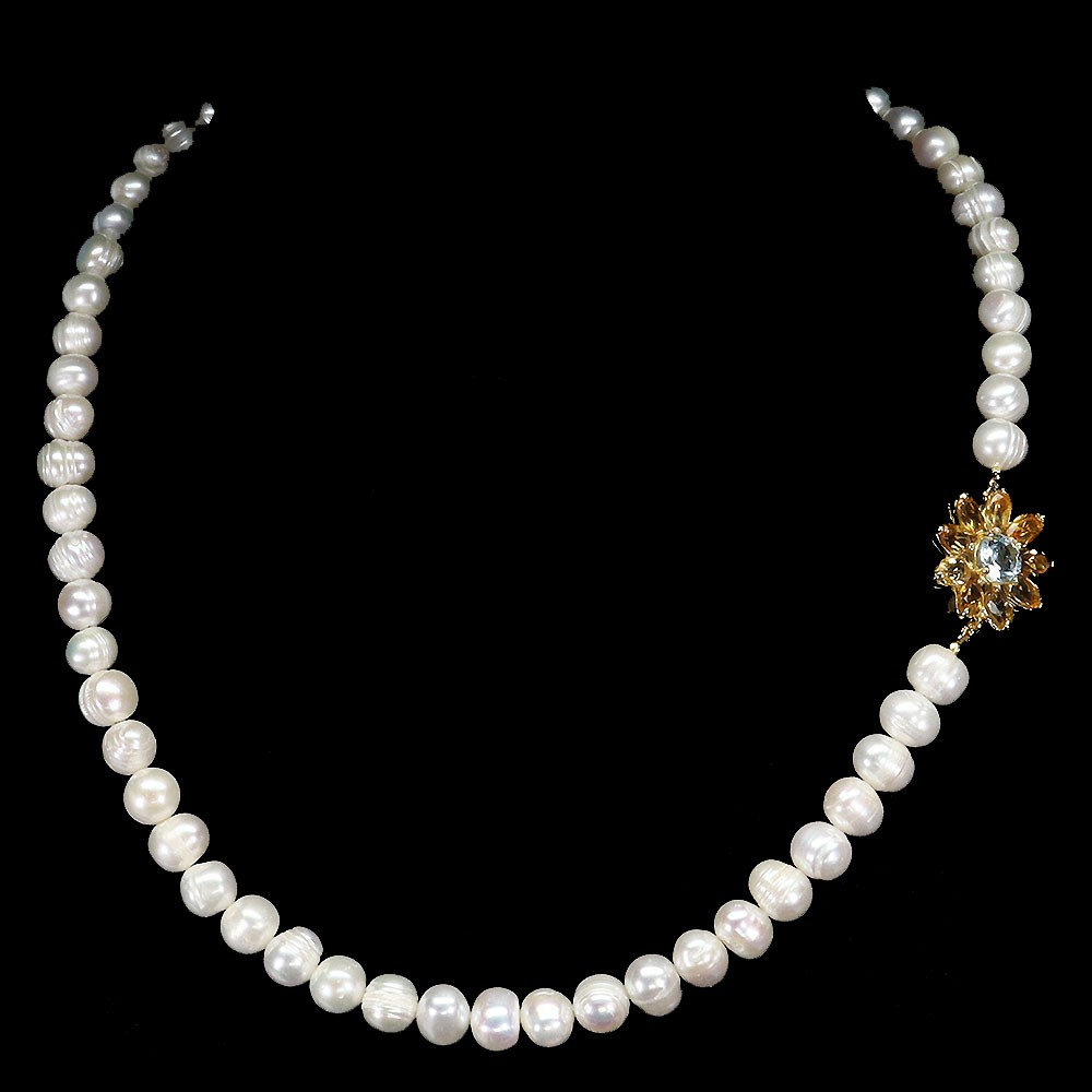 925 Sterling Silver 7mm Round Topaz Citrine Pearl Necklace 21in