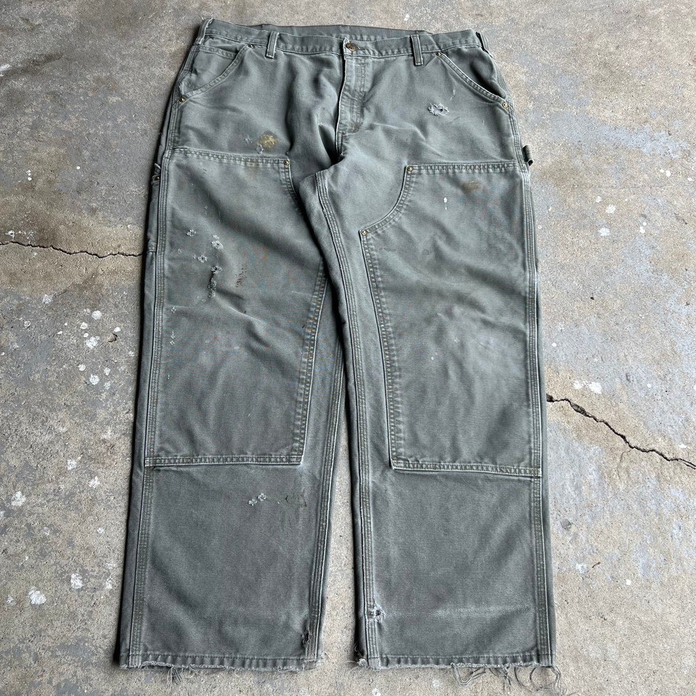 Vintage carhartt green baggy distressed double knee work wear carpenter pants