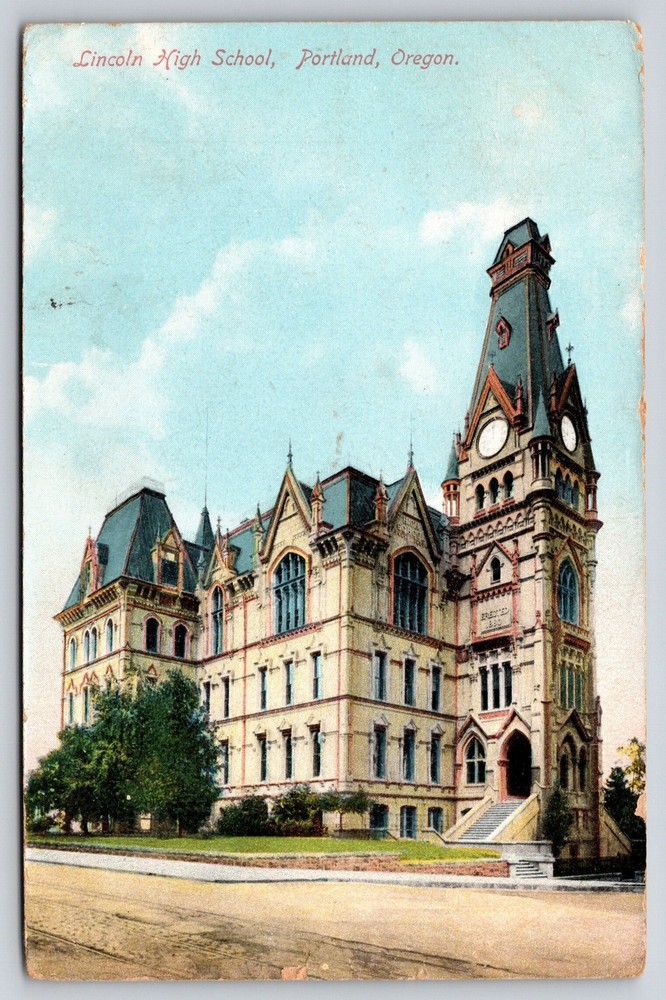 Portland Oregon~Lincoln High School~St View~Clock Tower~2nd Empire~1909 Postcard