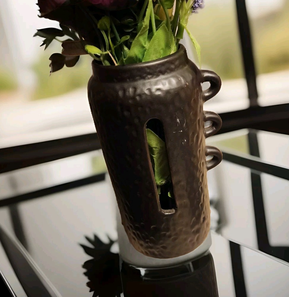 Abstract Art Pottery Sculpture Vase Handmade Brown Smooth Matte Finish Brutal-image