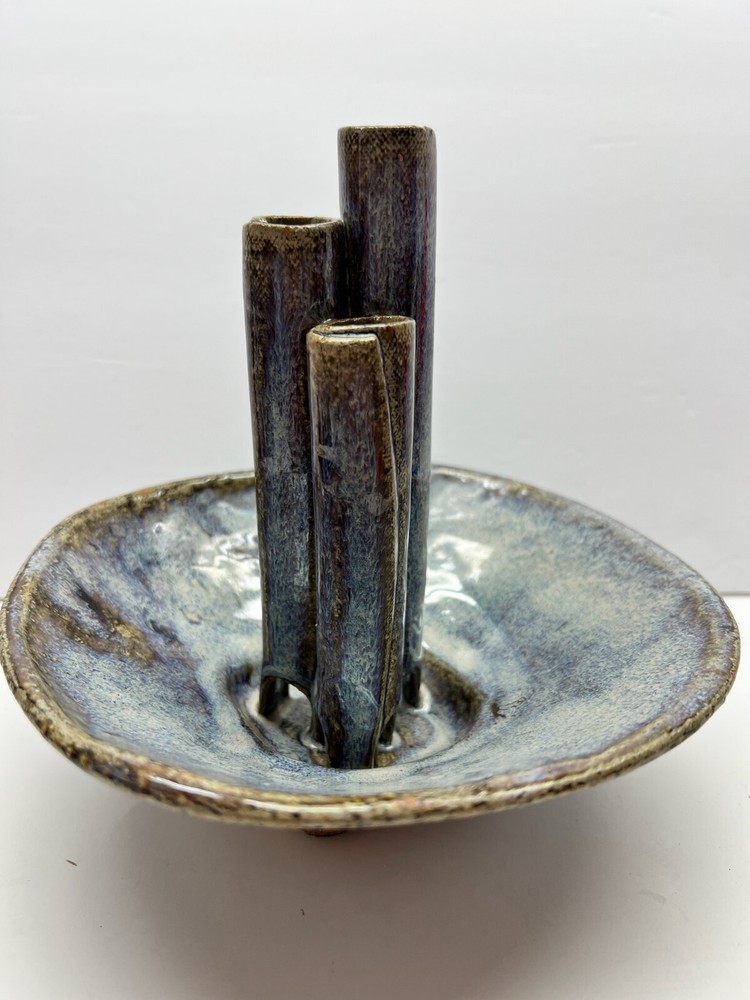 Vintage Studio Art Pottery Blue Brown Glaze Bowl Flower Frog Tube Vase Art Deco