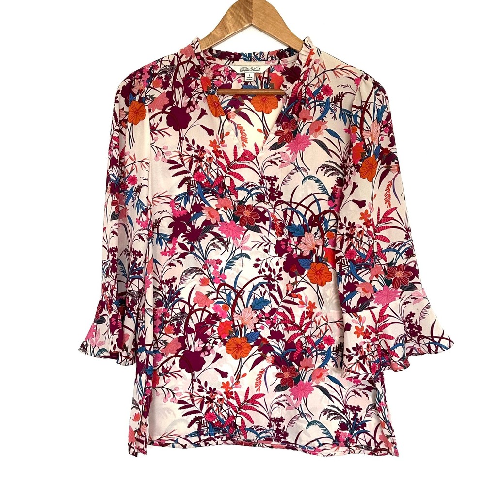 The Pioneer Woman Shirt Women's Small Floral Sheer 3/4 Bell Sleeve Blouse Top