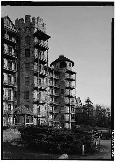 56. DETAIL VIEW FROM NORTHWEST OF STONE TOWERS, WEST FRONT - Mohonk Mountain