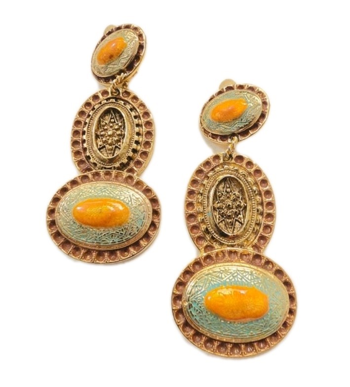 Vintage 80s 90s Door Knocker Enamel Gold Tone Dangle Statement Earrings