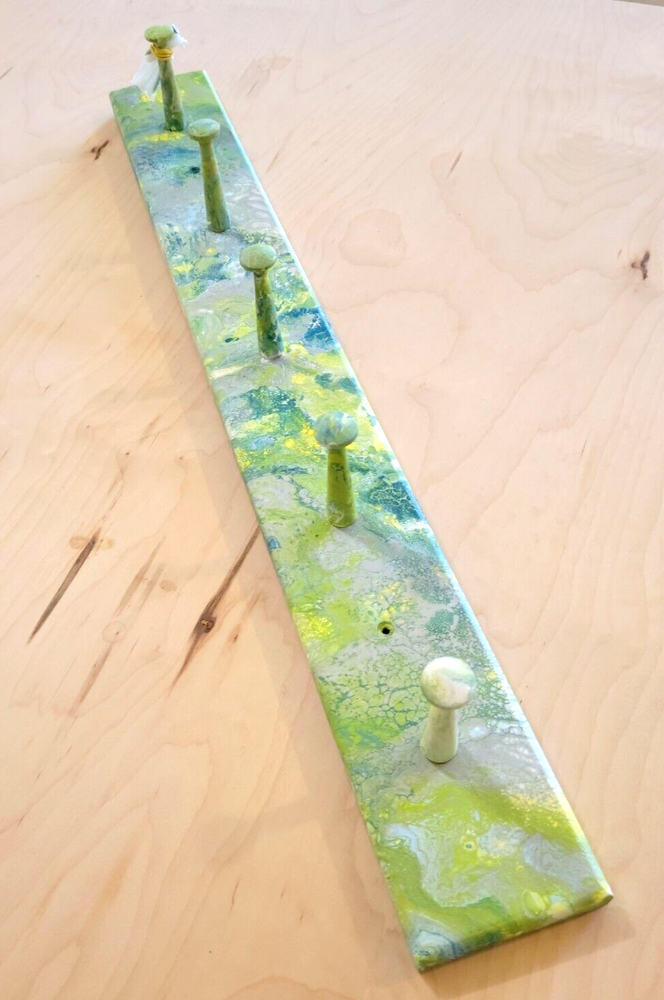 Hand Painted Wood Towel, Coat, Jewelry Hanger Rack, Abstract Art with Large Pegs-image