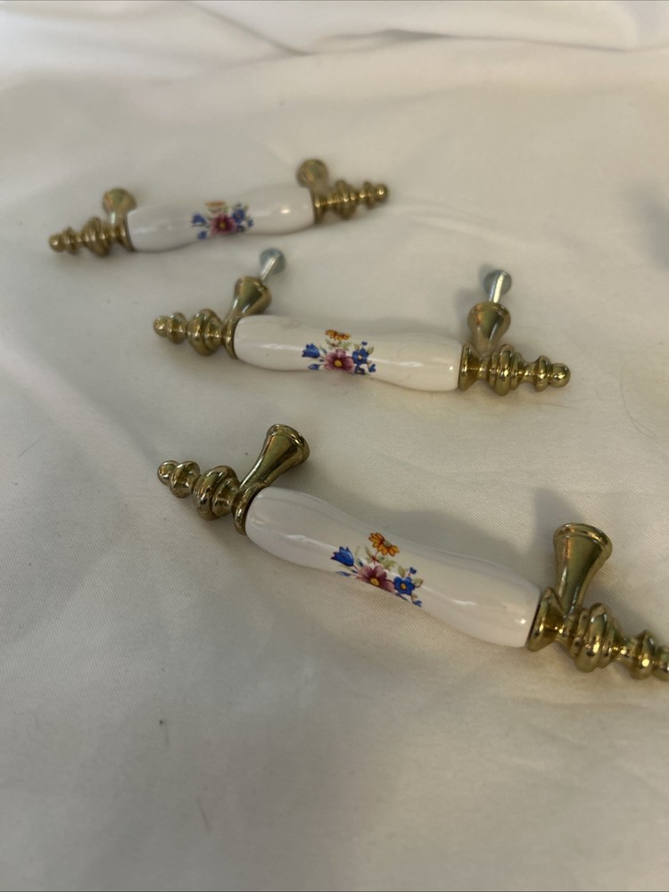 (3) Vintage Amerock White Ceramic Floral Brass Drawer Pull Hand