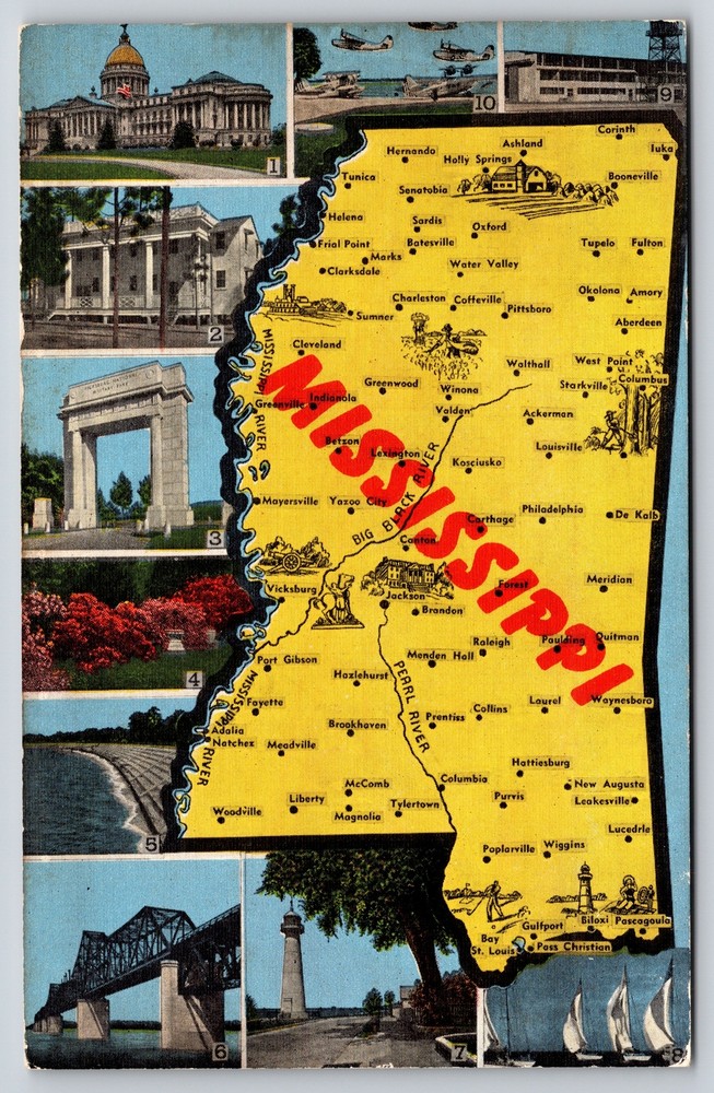 Maps~Mississippi & 10 Views Key On Back~Vintage Postcard