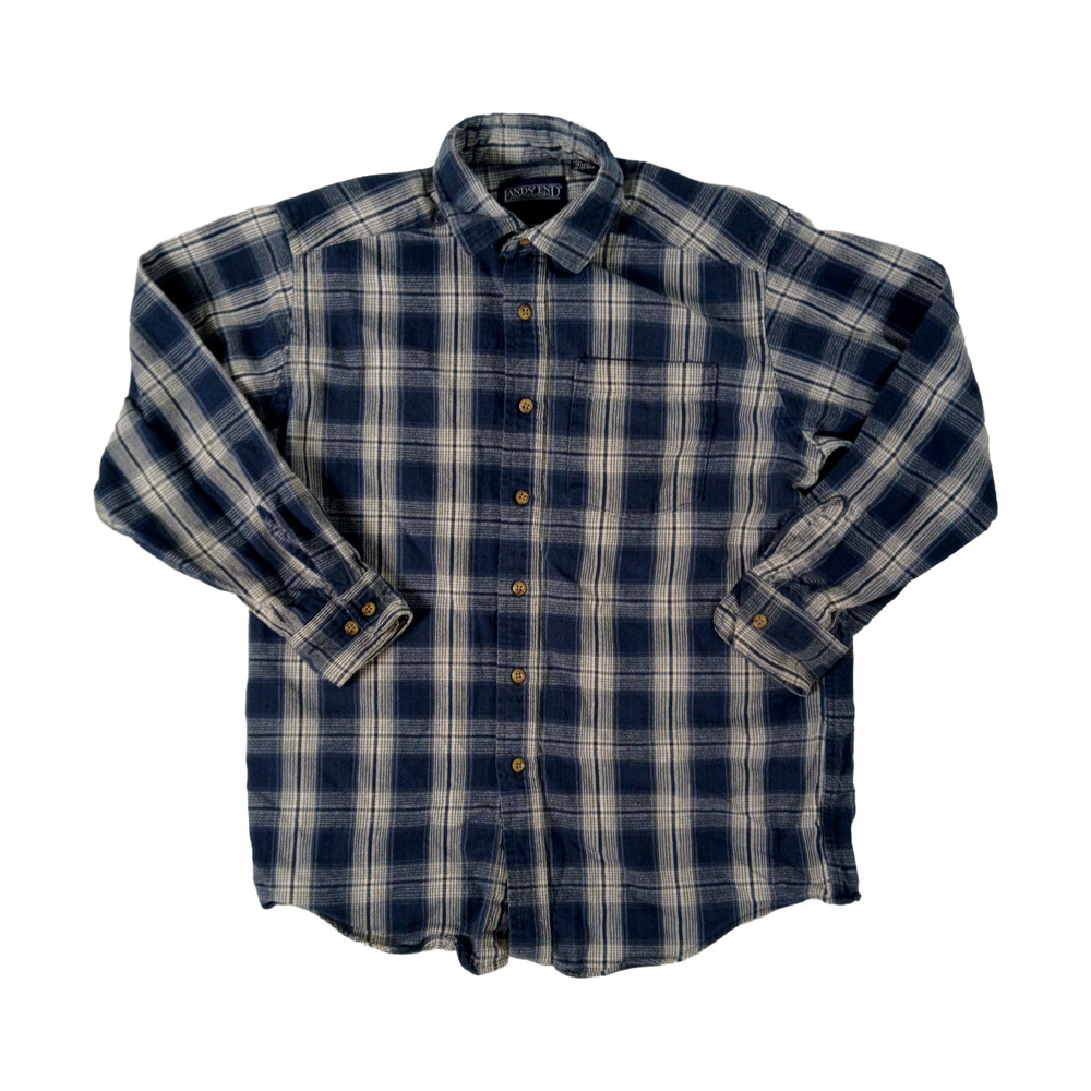 Lands End Flannel Shirt Mens M Blue Plaid Made in USA Vintage 90s 100% Cotton
