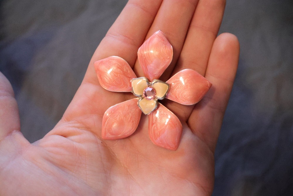 Vintage Enamel Flower Brooch Pin Orange Coral Peach Rhinestone Costume Orchid