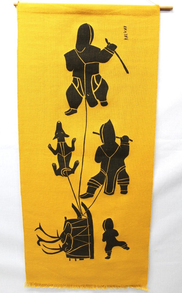 Vintage Inuit Wall Hanging Dog sled fabric screen print indigenous art KALUAK