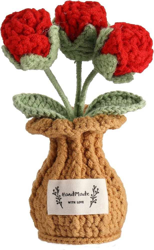 Crochet Rose Flower Potted Plant – Red, Valentines Day Gift for Her, Handmade